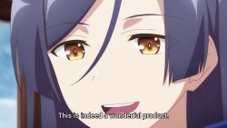 1boy 1girl 1other animated anime_screenshot bear blue_hair breasts brown_eyes cleavage clueless condom condom_wrapper director_bear glasses hakkon_(jihanki) hat highres holding holding_condom indoors jidouhanbaiki_ni_umarekawatta_ore_wa_meikyuu_wo_samayou large_breasts long_hair round_eyewear shirley_(jihanki) sound sparkle standing subtitled talking vending_machine video