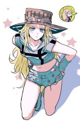 1boy 1girl adapted_costume bestcondition14 blonde_hair blue_eyes brown_hat commentary_request genderswap genderswap_(mtf) goggles goggles_on_headwear grey_hoodie grey_shorts gyro_zeppeli hat highres hood hood_down hoodie johnny_joestar jojo_no_kimyou_na_bouken kneeling long_hair midriff navel short_shorts shorts sleeveless sleeveless_hoodie star_(symbol) star_print steel_ball_run torn_clothes torn_shorts wristband