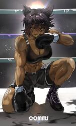 Rule 34 | 1girl, abs, absurdres, black gloves, black hair, black shoes, black shorts, black sports bra, blood on gloves, borrowed character, boxing, boxing gloves, boxing ring, breasts, cleavage, commentary, commission, dark-skinned female, dark skin, english commentary, full body, gloves, gold teeth, grin, hair between eyes, hand on floor, highres, kneeling, large breasts, leila (awastedninja), looking at viewer, midriff, muscular, muscular female, navel, original, park ongjol, paw print, scar, scar across eye, scar on face, shoes, short hair, shorts, slit pupils, smile, solo, sports bra, sportswear, tsurime, yellow eyes