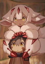 1boy 1girl absurdres animal_ears blurry blurry_background brown_eyes brown_hair claws cloak closed_mouth commentary_request dark-skinned_female dark-skinned_male dark_skin depth_of_field extra_arms facial_mark faputa fewer_digits hair_between_eyes head_between_thighs helmet highres hiiragi_tudu looking_ahead made_in_abyss medium_hair multiple_tails on_head open_mouth parody red_cloak reg_(made_in_abyss) short_hair slit_pupils tail thick_eyebrows triangle_mouth white_fur white_hair