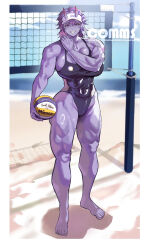 abs absurdres ball beach beach_volleyball border breasts colored_skin commentary commission english_commentary highres holding holding_ball horns horns_through_headwear large_breasts long_hair muscular muscular_female original park_ongjol pointy_ears purple_hair purple_skin sand visor_cap volleyball_(object) volleyball_net white_border