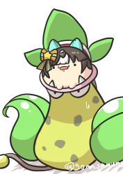._. 1girl absurdres animal_ears black_hair bow creatures_(company) crossover game_freak gen_1_pokemon goma_(gomasamune) hair_bow hair_ornament highres hokko_tarumae_(umamusume) horse_ears looking_at_viewer multicolored_hair nintendo open_mouth pokemon pokemon_(creature) shadow simple_background star_(symbol) star_hair_ornament streaked_hair striped_bow sweat twitter_username umamusume victreebel vore white_background white_hair