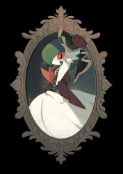 absurdres black_border border closed_mouth clothed_pokemon colored_skin flipped_hair flower gardevoir gen_3_pokemon green_hair hand_up highres lanjiujiu nintendo pokemon pokemon_(creature) red_eyes red_flower sideways_glance smile solo white_skin