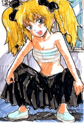 Rule 34 | 1girl, angry, bandages, black ribbon, black skirt, blonde hair, blue eyes, blue footwear, braid, breasts, chest sarashi, cleavage, collarbone, delinquent, hair ribbon, hepburn (pixiv 1033192), long hair, looking at viewer, marker (medium), navel, open mouth, original, ribbon, sarashi, shoes, skirt, small breasts, squatting, teeth, traditional media, twin braids, twintails, window