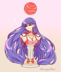 1girl artist_name bishoujo_senshi_sailor_moon bow breasts choker cleavage closed_eyes closed_mouth dress earrings heart highres hino_rei jewelry long_hair mars_(planet) mroczniak_(gloomy_chuu) necklace pedestal pendant princess_mars purple_hair red_bow red_choker red_dress solo sparkle sphere_earrings upper_body