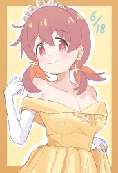 1girl alternate_costume bare_shoulders border breasts brown_eyes brown_hair cleavage collarbone commentary dated dot_nose dress elbow_gloves gloves hair_between_eyes highres large_breasts light_blush looking_at_viewer low_twintails multicolored_hair murosaki_miyo off-shoulder_dress off_shoulder onii-chan_wa_oshimai! orange_border outline outside_border red_hair riannn_desu simple_background skirt_hold smile solo tiara twintails two-tone_hair upper_body white_outline yellow_background yellow_dress