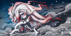 Rule 34 | absurdres, claws, commentary request, fish.boy, from side, grey fur, highres, hisuian zoroark, night, nintendo, outdoors, pokemon, pokemon (creature), red pupils, smoke, snowing, solo, yellow eyes