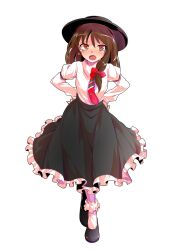 1girl alphes_(style) armlet asymmetrical_hair black_shoes black_skirt blush bobby_socks bow brown_hair collared_shirt commentary_request dairi dress_shirt fedora flats frilled_skirt frills full_body hair_bow hands_on_own_hips hat jewelry large_variant_set long_hair long_skirt long_sleeves looking_at_viewer necktie parody puffy_long_sleeves puffy_sleeves red_bow red_necktie shirt shoes skirt socks solo standing style_parody tachi-e tareme touhou transparent_background usami_renko variant_set white_shirt white_socks