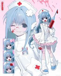Rule 34 | 1girl, ?, anger vein, angry, back bow, bag, bandaid, bandaid hair ornament, blood, blood on face, blue eyes, blue hair, blue shoes, bow, clothing cutout, collared dress, comedic sweatdrop, cross, cross print, crossed bandaids, doll joints, dress, empty eyes, fang, gyuing666, hair ornament, hat, heart, highres, holding, holding syringe, joints, large syringe, leg warmers, long hair, long sleeves, looking at viewer, multiple expressions, multiple views, nurse, nurse cap, one eye closed, original, outline, oversized object, pink background, pink skirt, shoes, shoulder bag, shoulder cutout, simple background, skirt, sleeves past wrists, smile, star-shaped bag, syringe, white dress, winged shoes, wings