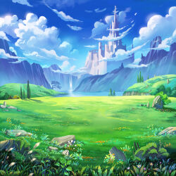 blue_sky castle chinnkun cloud day field flower grass highres lake meadow mountainous_horizon no_humans original painterly rock scenery sky sunlight tree water waterfall wind