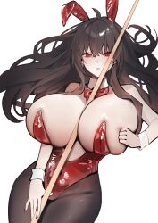 1girl absurdres animal_ear_hairband animal_ears azur_lane bare_shoulders between_breasts black_hair bow bowtie breasts cleavage cue_stick fake_animal_ears hair_between_eyes hairband highres leotard long_hair official_alternate_costume pantyhose playboy_bunny rabbit_ear_hairband rabbit_ears red_bow red_bowtie red_eyes red_leotard solo strapless strapless_leotard susuri taihou_(azur_lane) taihou_(fun_on_the_baize)_(azur_lane) very_long_hair wrist_cuffs