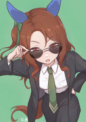 Rule 34 | 1girl, animal ears, black jacket, black pants, bow, breast pocket, brown hair, chahiro, collared shirt, ear bow, ear covers, green background, green bow, green necktie, hand on own hip, highres, horse ears, horse girl, horse tail, jacket, king halo (umamusume), long hair, long sleeves, looking at viewer, necktie, open mouth, pants, pocket, red eyes, shirt, signature, simple background, solo, sunglasses, tail, tie clip, umamusume, umayuru, white-framed eyewear, white shirt