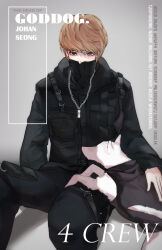 Rule 34 | 1boy, absurdres, belt, black jacket, black pants, brown eyes, brown hair, chain, chain necklace, dog, highres, jacket, jewelry, lookism, male focus, mask, mouth mask, necklace, on floor, pants, seong yo-han, short hair, sitting, solo, solo focus, strap, tactical clothes, user smmj7747, white dog