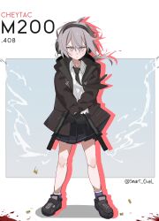 1girl absurdres ahoge backpack bag bare_legs black_necktie black_skirt blood dual_wielding floating_clothes floating_hair full_body girls&#039;_frontline gloves grey_hair gun headset highres holding holding_weapon jacket looking_at_viewer m200_(girls&#039;_frontline) medium_hair necktie pleated_skirt ponytail shell_casing short_ponytail simple_background skirt smart_oval smoke smoking_barrel solo suppressor weapon