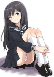 Rule 34 | 1girl, asashio (kancolle), black hair, black sailor collar, black serafuku, black shirt, black shoes, black skirt, blue eyes, commentary request, fuji (pixiv24804665), highres, kantai collection, kneehighs, loafers, long hair, neckerchief, panties, pantyshot, pleated skirt, sailor collar, sailor shirt, school uniform, serafuku, shirt, shoes, sitting, skirt, socks, solo, underwear, white neckerchief, white panties, white socks, winter uniform