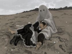 2boys apron barefoot beach closed_eyes couple crossdressing dress ghost_costume grey_sky headpat highres lap_pillow maid maid_apron maid_headdress male_focus male_maid minahamu multiple_boys original sand short_hair sky sleeping yaoi