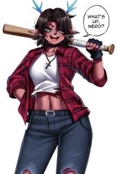1girl :d absurdres animal_ear_piercing animal_ears animal_nose antlers bad_tag baseball_bat belt black_belt black_choker black_eyeshadow black_gloves blue_horns blue_pants body_fur breasts brown_fur brown_hair buck_teeth choker collarbone collared_shirt commentary contrapposto cowboy_shot cropped_shirt cross cross_necklace curtained_hair december_holiday deer_ears deltarune denim design_speculation english_commentary english_text eyebrows_hidden_by_hair eyeshadow fingerless_gloves flannel freckles furry furry_female gloves green_eyes grin hair_flaps hand_on_own_hip hand_up head_tilt highres holding holding_baseball_bat horns ice_horns jeans jewelry legs_apart long_eyelashes long_sleeves looking_at_viewer makeup medium_breasts medium_hair midriff multiple_piercings narrowed_eyes navel necklace open_clothes open_mouth open_shirt pants parted_bangs parted_hair rageman709 raised_eyebrows red_shirt reindeer_antlers reindeer_girl shirt sidelocks simple_background sleeves_rolled_up smile solo sparkling_eyes speech_bubble standing talking teeth thick_eyelashes toned toned_female torn_clothes torn_jeans torn_pants torn_shirt tsurime v-shaped_eyebrows white_background white_shirt white_undershirt wing_collar