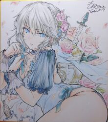 1girl absurdres alternate_costume analog_clock blue_dress blue_eyes breasts choker cleavage clock commentary_request dated dress falling_petals flower grey_hair hair_flower hair_ornament highres izayoi_sakuya knife long_hair looking_at_viewer monety petals pink_flower pink_rose pocket_watch roman_numeral rose shikishi short_sleeves signature solo thighs touhou traditional_media watch wrist_cuffs