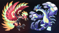 albrt-wlson animal_focus bird colored_sclera commentary english_commentary fangs full_body fusion gen_2_pokemon gen_3_pokemon groudon highres ho-oh kyogre legendary_pokemon lugia nintendo no_humans open_mouth orange_eyes pokemon pokemon_(creature) pokemon_focus primal_groudon primal_kyogre talons v-shaped_eyes yellow_sclera