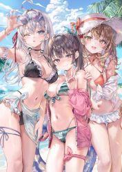 3girls absurdres ahoge alisa_mikhailovna_kujou armpits bare_shoulders bikini black_eyes black_hair blue_eyes blue_sky bow breasts brown_eyes brown_hair cleavage cloud cloudy_sky eyewear_on_head grey_hair grin hair_between_eyes hat hat_bow heart heart-shaped_eyewear highres holding large_breasts looking_at_viewer mariya_mikhailovna_kujou momoko_(momopoco) multiple_girls navel open_mouth outdoors parted_lips sky smile standing stomach sun_hat suou_yuki swimsuit tokidoki_bosotto_roshia-go_de_dereru_tonari_no_alya-san white_hat