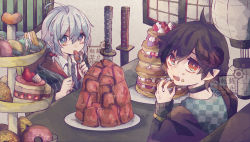 2boys black_hair bloomminority blouse blue_eyes braid candy checkered_clothes checkered_shirt cyberpunk demon demon_boy demon_horns fantasy food food_focus hair_between_eyes highres horns meal meat multiple_boys original pale_skin piercing pointy_ears red_eyes shirt side_braid steampunk sweets white_hair white_shirt