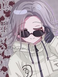 1boy aotsuki_eito black_gloves blood blood_splatter bloody_tears closed_mouth drawstring gloves grey_background grey_hair jacket long_hair male_focus parted_hair simple_background smile solo solo_focus sunglasses the_hundred_line_-last_defense_academy- white_jacket zipper zipper_pull_tab