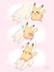 Rule 34 | 1other, :3, :d, artist name, blush, brown eyes, closed eyes, commentary request, disembodied hand, flying sweatdrops, gen 1 pokemon, heart, highres, mugita konomi, nintendo, open mouth, pikachu, pink background, pokemon, pokemon (creature), polka dot, polka dot background, smile