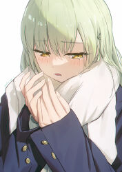 Rule 34 | 1girl, absurdres, bang dream!, bang dream! it&#039;s mygo!!!!!, blue jacket, blush, commentary, crying, crying with eyes open, cyrilcyclone, dated, green hair, hair ornament, hairclip, highres, jacket, long hair, long sleeves, lower teeth only, open mouth, scarf, signature, simple background, solo, tears, teeth, upper body, wakaba mutsumi, white background, white scarf, winter clothes, yellow eyes