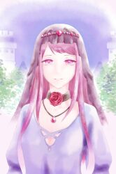 1girl absurdres closed_mouth fire_emblem fire_emblem_engage flower highres ivy_(fire_emblem) looking_at_viewer mole mole_under_mouth nintendo purple_eyes purple_hair red_flower red_rose rose solo toki_(xxxxxmoe1983oct) upper_body veil