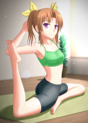 10s 1girl ahoge armpits ass bare_shoulders barefoot bike_shorts bra breasts brown_hair feet female_focus flexible full_body green_bra hair_ornament hair_ribbon highres kagerou_(kancolle) kantai_collection kayama_kouji long_hair midriff pantylines plant plantar_flexion purple_eyes ribbon smile solo sports_bra stretching tank_top twintails underwear wooden_floor yoga yoga_mat