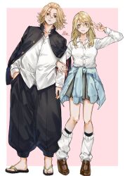 1boy 1girl absurdres black_eyes black_jacket black_pants blonde_hair bo_1125359 brother_and_sister clothes_around_waist empty_eyes highres jacket jacket_around_waist jacket_on_shoulders long_hair long_sleeves looking_at_viewer loose_socks medium_hair pants sano_emma sano_manjirou shirt siblings simple_background smile socks tokyo_revengers v white_shirt yellow_eyes