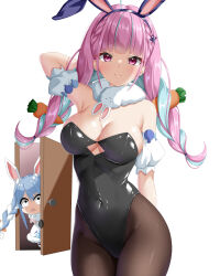 2girls ahoge alternate_costume anchor_hair_ornament animal_ears arm_behind_head arm_up black_leotard black_pantyhose blue_hair braid breasts carrot_hair_ornament cleavage cosplay covered_navel don-chan_(usada_pekora) fake_animal_ears food-themed_hair_ornament hair_ornament highres hololive kogarashi_tobi large_breasts leotard long_hair looking_at_viewer minato_aqua multiple_girls pantyhose pink_hair playboy_bunny purple_eyes rabbit_ears rabbit_girl smile strapless strapless_leotard twin_braids usada_pekora usada_pekora_(1st_costume) usada_pekora_(cosplay) virtual_youtuber white_hair