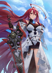 1girl :d absurdres ahoge black_skirt blue_fire blue_sky breasts cloud day dress elizabeth_rose_bloodflame elizabeth_rose_bloodflame_(1st_costume) fire fire_on_chest floating_hair greatsword grin halter_dress halterneck hand_on_own_hip highres hololive hololive_english huge_ahoge jacket large_breasts long_hair mcking miniskirt open_mouth outdoors pencil_skirt planted planted_sword planted_weapon red_eyes red_hair single_thighhigh skirt skirt_under_dress sky smile solo sword thighhighs thorn_(elizabeth_rose_bloodflame) very_long_hair virtual_youtuber weapon white_dress white_jacket white_thighhighs