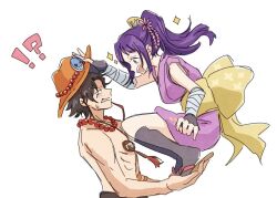 !? 0h_my_god 1boy 1girl aged_up bandaged_arm bandages black_hair breasts commentary_request freckles from_side hair_ornament hat japanese_clothes jewelry kimono kurozumi_tama medium_breasts necklace one_piece open_mouth orange_hat pearl_necklace ponytail portgas_d._ace profile purple_hair purple_kimono sash short_hair sidelocks simple_background sleeveless sleeveless_kimono sparkle squatting standing tareme topless_male white_background yellow_sash