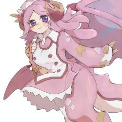 1girl asymmetrical_arms asymmetrical_legs breasts dragon_girl dragon_horns dragon_tail dragon_wings dragonmaid_ernus dress duel_monster hat highres horns kokodari large_breasts nurse_cap nurse_dragonmaid pink_dress pink_hair purple_eyes solo tail transformation white_background wings yu-gi-oh!