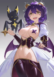 1girl 1other @_@ absurdres black_nails blush breasts breasts_apart cape confused cowboy_shot curled_horns dot_nose elbow_gloves embarrassed eyebrows eyelashes facial_mark fingerless_gloves fingernails gloves gradient_background grey_background hands_up highres hiiragi_utena holding holding_riding_crop horns long_fingernails looking_at_viewer lowleg lowleg_pants magia_baiser magical_girl mahou_shoujo_ni_akogarete medium_breasts medium_hair midriff motion_lines nail_polish navel nervous open_mouth pants pasties purple_gloves purple_hair purple_pasties purple_sash riding_crop sash serelith shrug_(clothing) simple_background standing star_(symbol) star_pasties teeth trembling two-tone_pants two-tone_sash upper_teeth_only venalita waist_cape wavy_mouth white_cape white_shrug yellow_eyes yellow_horns yellow_pants yellow_sash