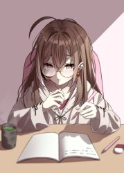 1girl absurdres berry brown_eyes brown_hair brown_hoodie chair crossed_bangs cup desk earrings eles01 eraser food-themed_earrings glasses hand_up highres holding holding_pencil hololive hololive_english hood hoodie jewelry leaning_forward long_hair looking_at_viewer multicolored_hair nanashi_mumei nanashi_mumei_(casual) notebook official_alternate_costume oversized_clothes pencil red_shirt round_eyewear shirt streaked_hair sweater tea teacup virtual_youtuber white_sweater wide_sleeves