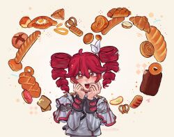 1girl baguette blush bread commentary donut drill_hair drooling egg english_commentary food grey_shirt hands_on_own_face highres kasane_teto kasane_teto_(sv) lily_(superkiiisa) long_sleeves open_mouth pretzel red_eyes red_hair saliva shirt smile solo sprinkles synthesizer_v teeth twin_drills upper_body upper_teeth_only utau