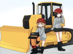 10s 2girls adjusting_clothes adjusting_headwear black_footwear black_hair blonde_hair blue_eyes boots bulldozer closed_mouth emblem girls_und_panzer gloves grey_jacket hat helmet holding jacket jackhammer kakizaki_(chou_neji) katyusha_(girls_und_panzer) light_smile long_hair long_sleeves looking_at_viewer miniskirt multiple_girls nonna_(girls_und_panzer) open_mouth oversized_clothes pleated_skirt power_tool pravda_(emblem) red_hat short_hair simple_background skirt standing white_background white_gloves