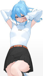 Rule 34 | 1girl, arm behind head, arms up, belt, black skirt, blue eyes, blue hair, blue nails, blush, breasts, brown belt, detached sleeves, hair between eyes, highres, hololive, hoshimachi suisei, hoshimachi suisei (11th costume), knee up, kneehighs, long hair, looking at viewer, nail polish, official alternate costume, panties, panty peek, pleated skirt, ponytail, raeis, ribbed collar, ribbed sleeves, shirt, simple background, skirt, sleeveless, sleeveless shirt, sleeveless turtleneck, sleeves past wrists, small breasts, smile, socks, solo, star (symbol), star in eye, symbol in eye, thighs, turtleneck, underwear, virtual youtuber, white background, white shirt, white sleeves