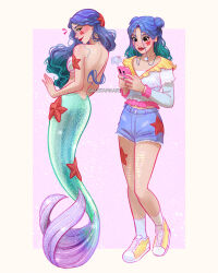 1girl aqua_hair artist_name blue_hair blue_shorts cora_(luztapiaart) gradient_hair highres holding holding_phone long_hair luztapiaart mermaid monster_girl multicolored_hair multicolored_shoes original phone shirt shoes short_shorts shorts socks starfish two-tone_hair two-tone_shoes watermark white_shirt white_shoes white_socks yellow_shoes