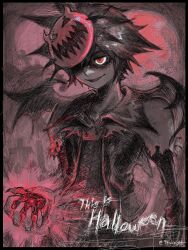 1boy 9twoeight absurdres bat_wings brown_hair fang gloves glowing halloween halloween_costume heart_(organ) highres holding holding_heart_(organ) jack-o&#039;-lantern kingdom_hearts male_focus mask mask_on_head mask_over_one_eye official_alternate_costume open_mouth pumpkin_mask red_eyes short_hair smile sora_(halloween_town)_(kingdom_hearts) sora_(kingdom_hearts) spiked_hair white_gloves wings