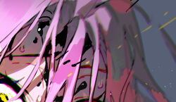 1girl alien_stage black_blood blood blood_on_face close-up commentary mizi_(alien_stage) pink_hair sapphire_(nine) solo sweat symbol-only_commentary thumbnail_collage yellow_eyes