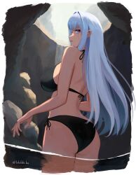 1girl artist_name ass bikini black_bikini blue_eyes border breasts commentary_request ethel_(xenoblade) from_behind grey_hair highres labebebe_lee large_breasts long_hair looking_at_viewer looking_back median_furrow partially_submerged side-tie_bikini_bottom solo standing swimsuit twitter_username very_long_hair water waterfall wet white_border xenoblade_chronicles_(series) xenoblade_chronicles_3