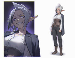 1girl absurdres ankle_boots belt black_jacket black_pants boots braid breasts brown_belt brown_boots brown_corset buttons collarbone commentary commission corset elf english_commentary folded_ponytail forehead full_body grey_eyes grey_hair grin highres jacket leonzo long_sleeves looking_at_viewer medium_breasts open_clothes open_jacket original pants pointy_ears pouch shirt short_hair single_braid smile standing teeth white_shirt