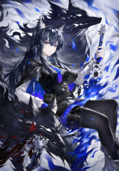 1girl absurdres animal_ear_fluff animal_ears arknights black_cape black_hair black_pantyhose black_vest blue_gloves bolo_tie cape collared_shirt commentary feet_out_of_frame fingerless_gloves gloves hair_between_eyes highres long_hair looking_at_viewer mukaend multicolored_eyes official_alternate_costume pantyhose pouch purple_eyes rain shirt solo star_(symbol) sword symbol-only_commentary texas_(arknights) texas_the_omertosa_(arknights) thigh_pouch two-tone_eyes vest water weapon white_shirt wolf_ears wolf_girl yellow_eyes