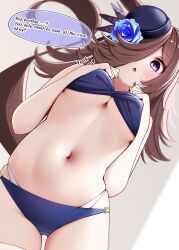 1girl absurdres adapted_costume animal_ears bikini black_hair blue_bikini blush breasts commentary english_commentary english_text groin hair_ornament hair_over_one_eye hat highres horse_ears horse_girl horse_tail long_hair looking_at_viewer multi-strapped_bikini_bottom navel ponta_(1859ysmssstsp) purple_eyes rice_shower_(umamusume) skindentation small_breasts solo swimsuit tail thighhighs umamusume underboob white_background