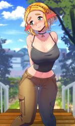 1girl absurdres alternate_costume arms_behind_back averting_eyes black_camisole black_choker blonde_hair blue_sky blush braid breasts brown_pants camisole choker closed_mouth collarbone commentary crown_braid day ear_blush english_commentary feet_out_of_frame green_eyes highres kagato007 large_breasts midriff navel nintendo outdoors pants pointy_ears princess_zelda short_hair sky solo standing the_legend_of_zelda the_legend_of_zelda:_tears_of_the_kingdom triforce