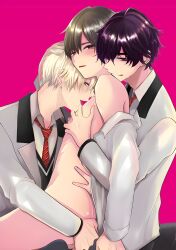 3boys ass blush boys_love ears ginga_(konna_no_unmei_janai_kara_kanchigai_shinaide) ginga_saeshiro_(konna_no_unmei_janai_kara_kanchigai_shinaide) grabbing_another&#039;s_ass grabbing_another&#039;s_head grabbing_from_behind groping implied_yaoi konna_no_unmei_janai_kara_kanchigai_shinaide kouetsu_kazumata_(konna_no_unmei_janai_kara_kanchigai_shinaide) multiple_boys nipples partially_nude_male pink_background sex sexually_suggestive sweat sweatdrop tagme tongue yaoi yuuzen_(konna_no_unmei_janai_kara_kanchigai_shinaide) yuuzen_kiragaya_(konna_no_unmei_janai_kara_kanchigai_shinaide)