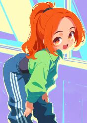 1girl :d black_shirt blue_pants blue_scrunchie bright_pupils commentary_request cropped_jacket drop_shadow fang green_jacket hair_ornament hair_scrunchie hands_on_own_legs highres jacket long_hair long_sleeves looking_at_viewer no_lineart open_mouth orange_eyes orange_hair original pants parted_bangs ponytail puffy_long_sleeves puffy_sleeves scrunchie shirt skin_fang smile solo takarai_shunsuke track_pants white_pupils